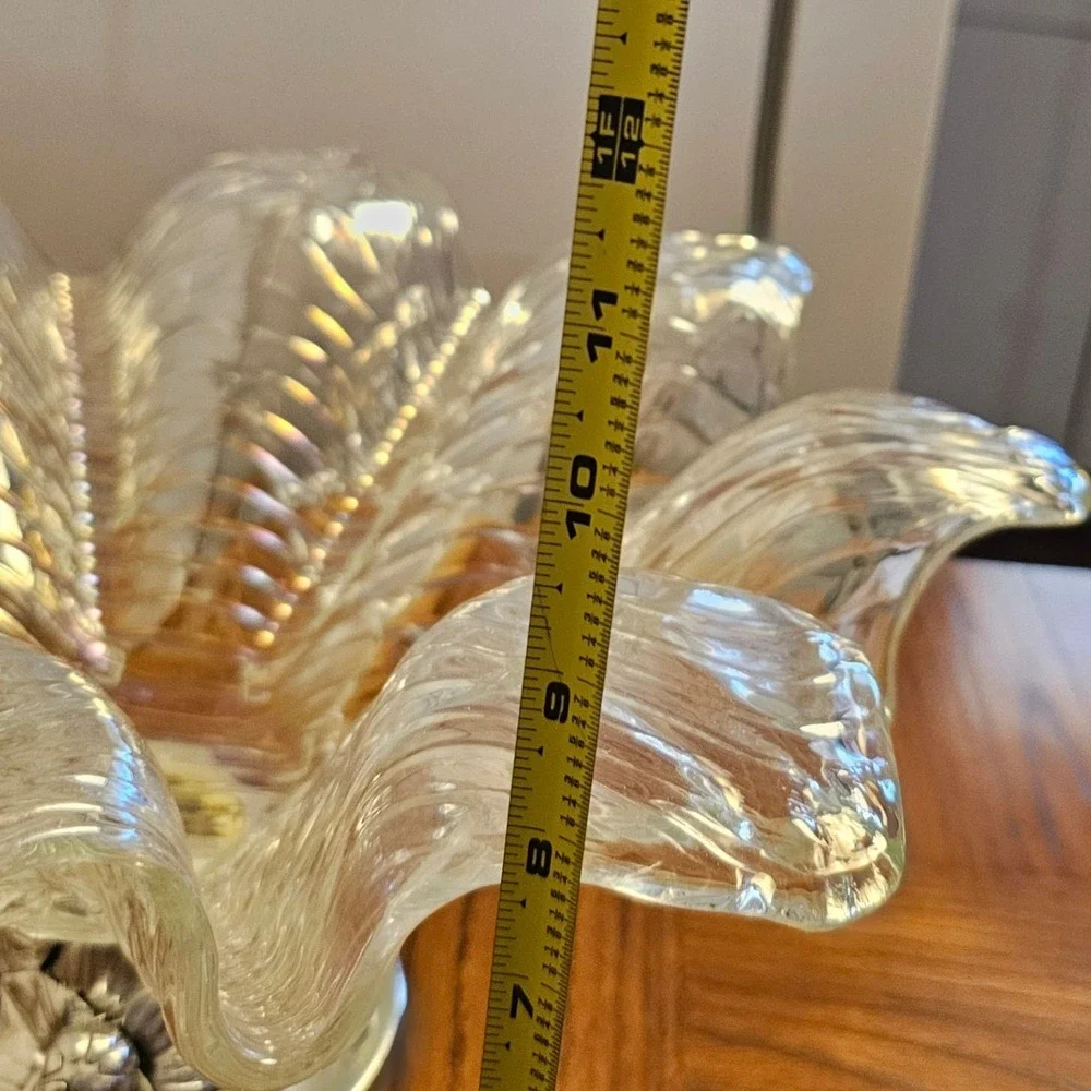 Vintage Ruffled Art Glass Centerpiece Bowl Silver Floral Pedestal Base 18 Inch